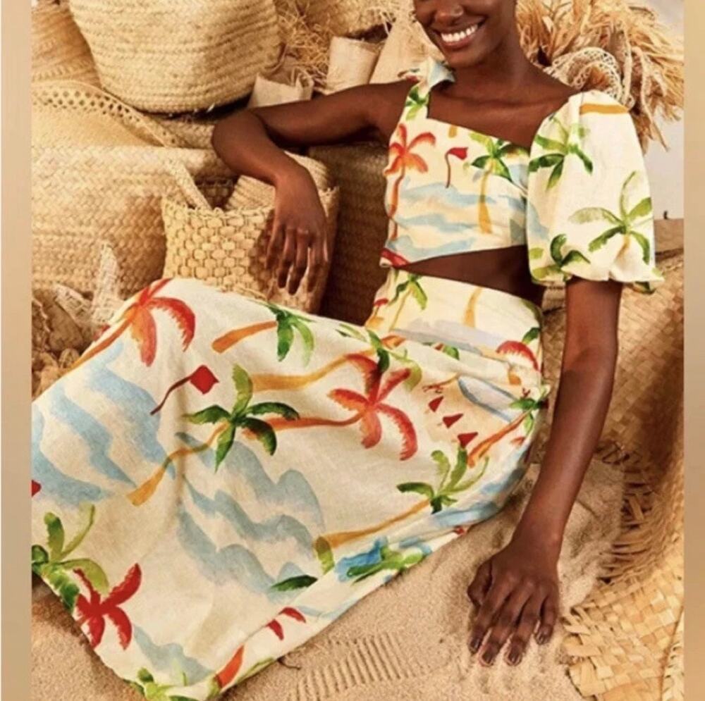 FARM Rio Copacabana Midi Dress XL Tropical One Shoulder Cutout NWT